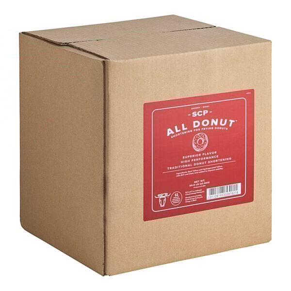 A brown box with a red label for South Chicago Packing All Donut Beef Tallow Shortening 50 lb.