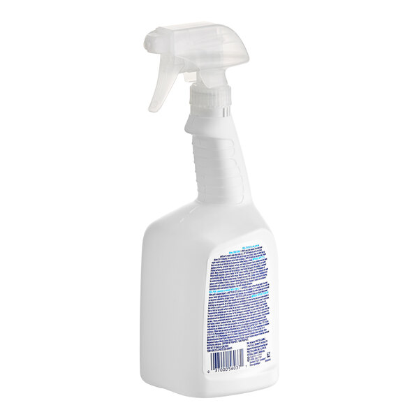 A white spray bottle with a clear trigger nozzle and a label containing text and a barcode on the back.