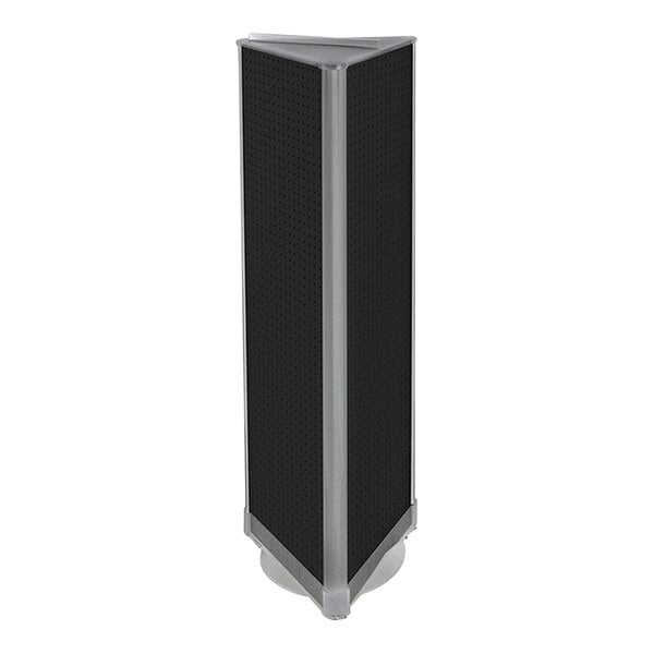 A black high-impact styrene 3-sided pegboard spinner floor display.