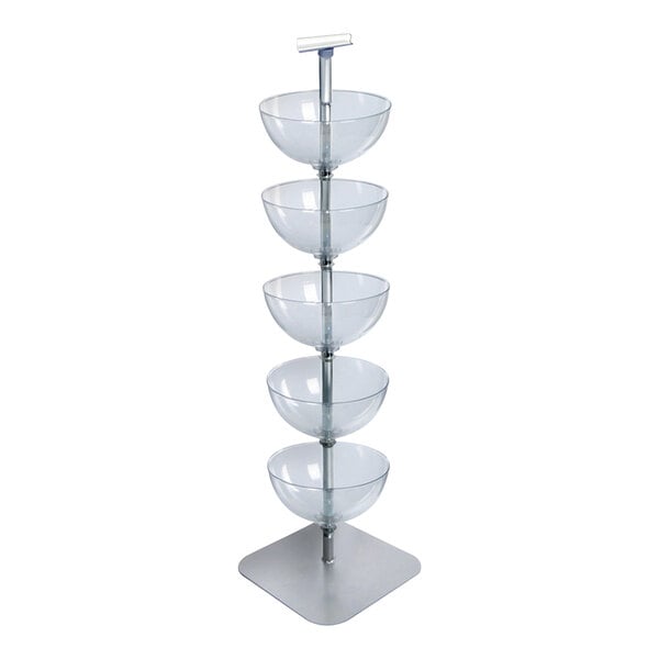 An Azar Displays clear polycarbonate bowl floor display stand with five bowls on it.