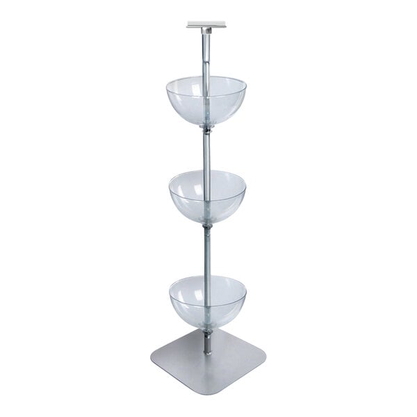 An Azar Displays clear polycarbonate bowl stand with metal poles and three clear bowls.