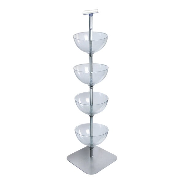 An Azar Displays clear polycarbonate bowl stand with four clear bowls on metal poles.