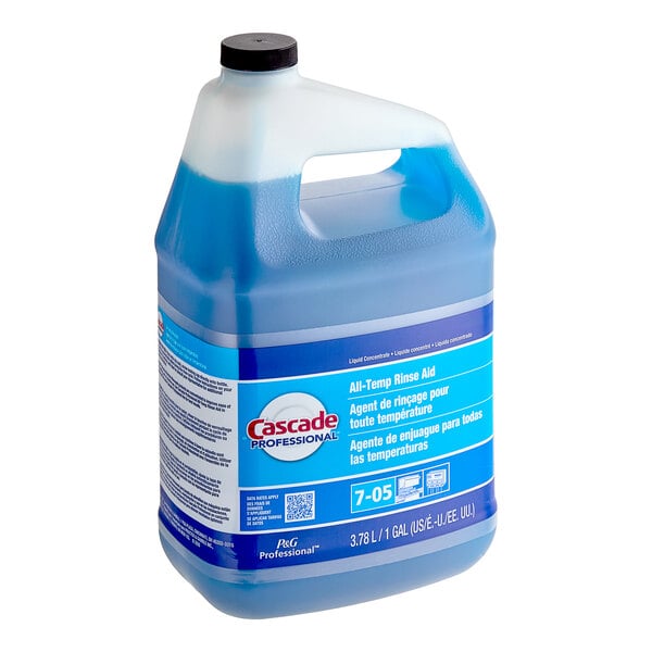 A blue container of Cascade Professional All-Temp Rinse Aid Concentrate with a white lid.
