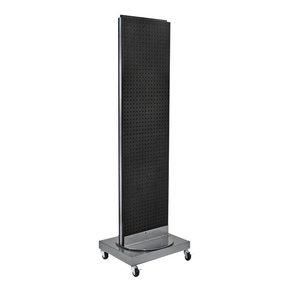 A black high-impact styrene pegboard display on wheels.