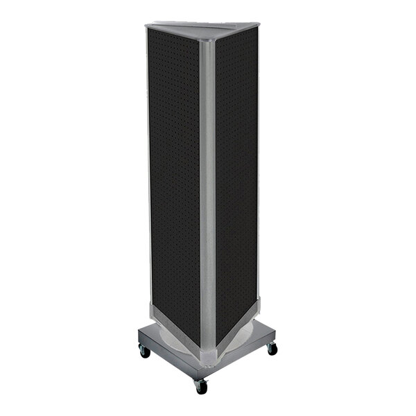 A black rectangular Azar Displays mobile spinner floor display with 3 sides of pegboard.