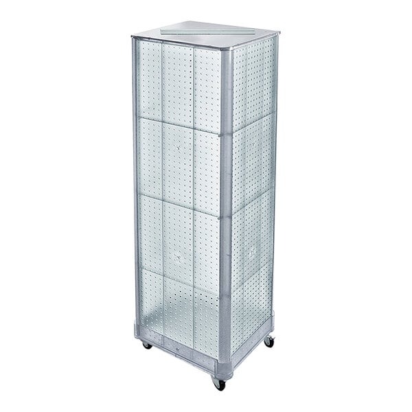 Azar Displays clear high-impact styrene 4-sided mobile pegboard spinner display.