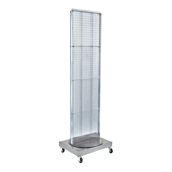 An Azar Displays clear high-impact styrene 2-sided pegboard mobile spinner floor display rack on wheels.