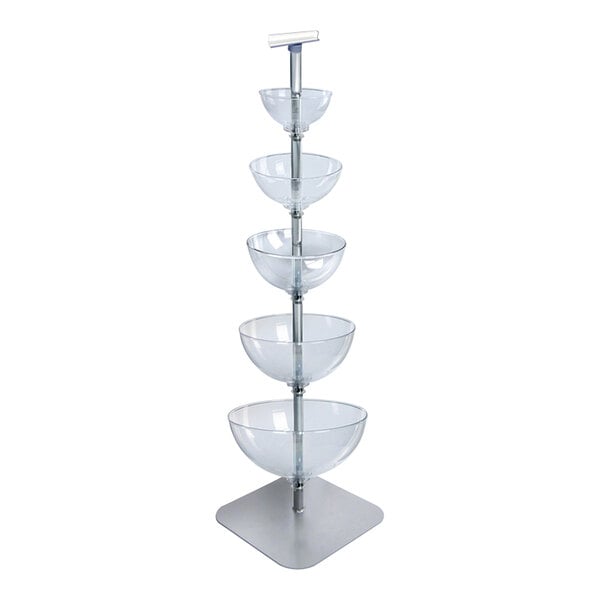 A clear polycarbonate bowl on a metal pole.