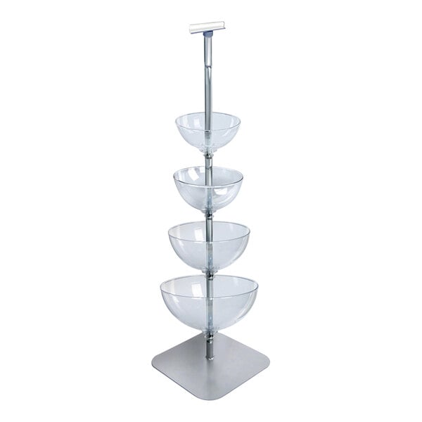 An Azar Displays clear polycarbonate bowl floor display with metal poles holding four clear bowls.