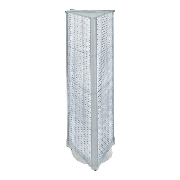 An Azar Displays clear high-impact styrene 3-sided pegboard spinner floor display with white background.
