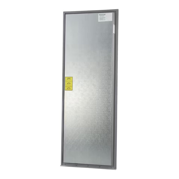 A rectangular silver Norlake left hand door plug with a yellow label.