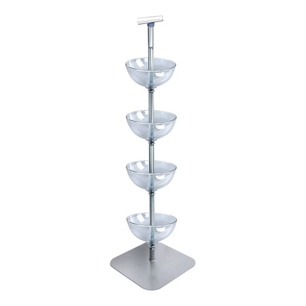 A clear polycarbonate bowl floor display stand with metal poles holding four bowls.