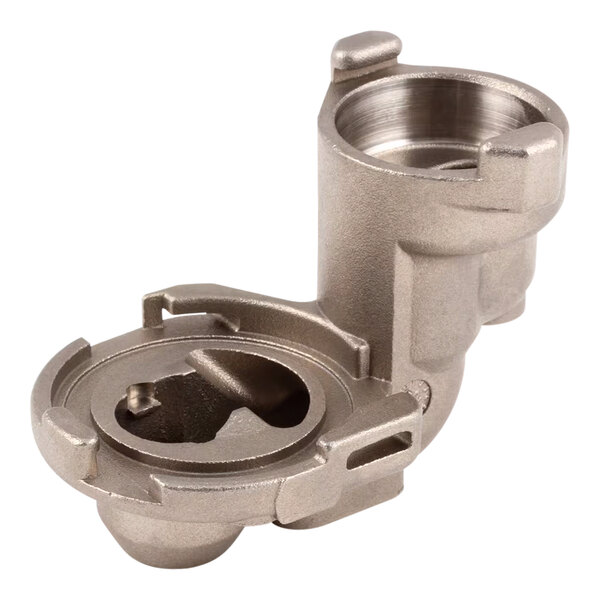 A silver metal Server valve body with a round hole in the center.
