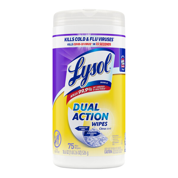 A white plastic container of Lysol Dual Action Disinfecting Wipes with a yellow label.