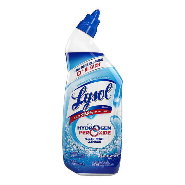 A close up of a blue and white Lysol Hydrogen Peroxide Toilet Bowl Cleaner bottle.
