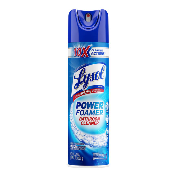 A blue and white Lysol Power Foamer spray container.