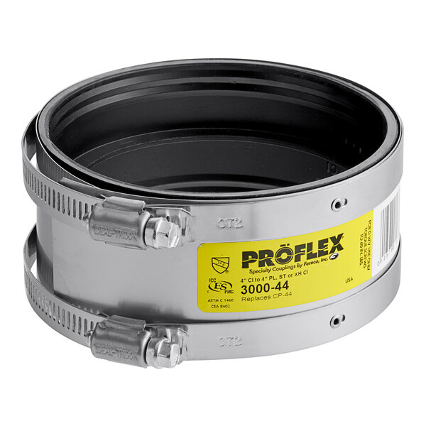 A Fernco Proflex neoprene coupling for 4" pipes.