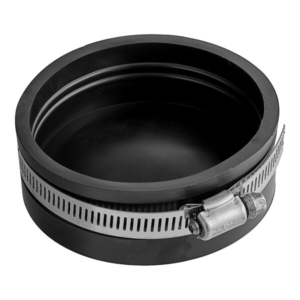 A black round Fernco Qwik Cap with a metal band around it.