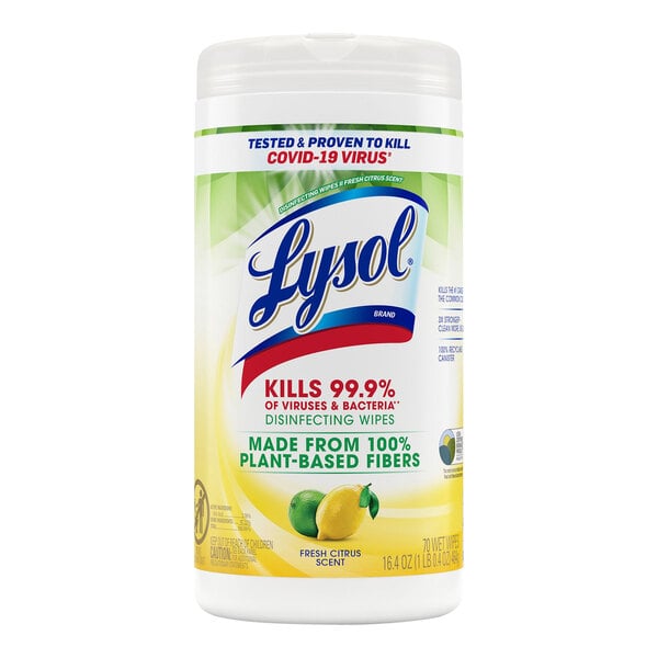 A white plastic container of Lysol disinfecting wipes with a label featuring lemons and limes.