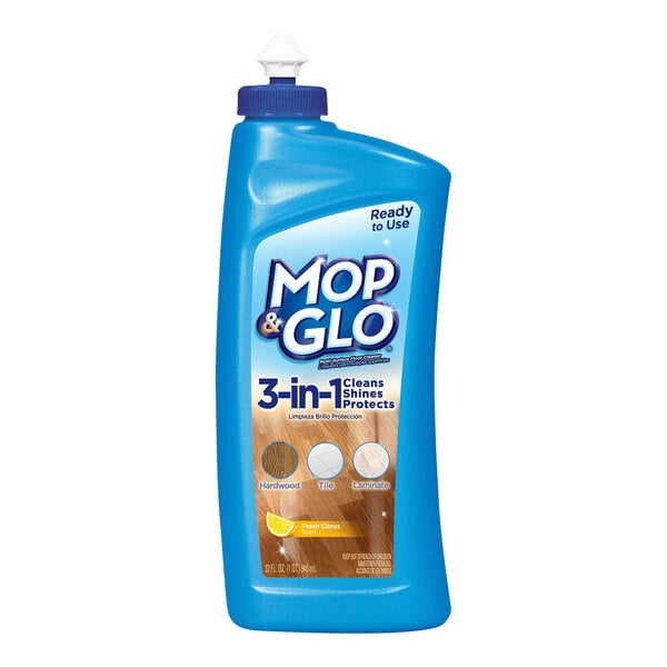 A blue bottle of Mop & Glo Fresh Citrus Scent Multi-Surface Floor Cleaner with white text.