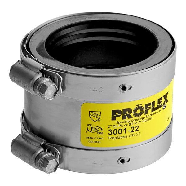A stainless steel Fernco Proflex neoprene coupling with yellow text.