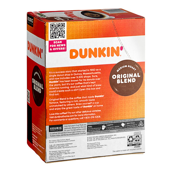 A box of Dunkin' Original Blend Coffee Single Serve Keurig K-Cup Pods.