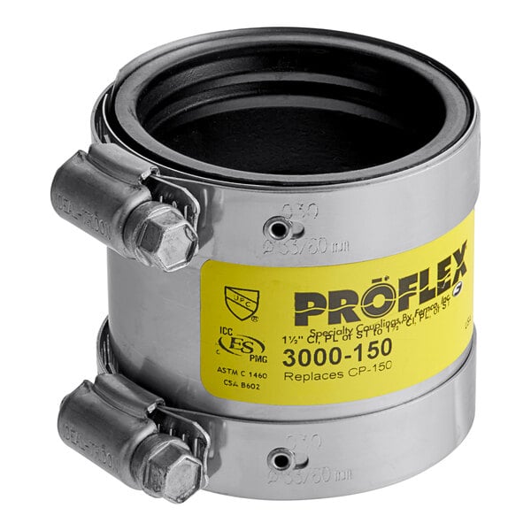 A stainless steel Fernco Proflex coupling with a yellow label.