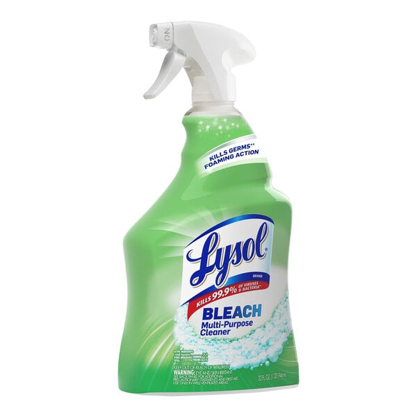 A Lysol bleach multi-purpose cleaner bottle with a green and white label.