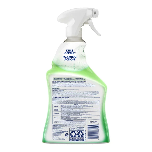 A 32 oz. spray bottle of Lysol bleach multi-purpose cleaner with a white trigger nozzle and green liquid inside.