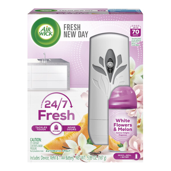 A white Air Wick Freshmatic box with purple accents and 2 purple Summer Delights refills inside.