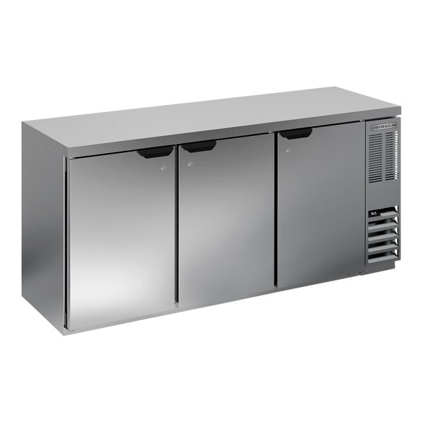 A stainless steel Beverage-Air back bar refrigerator with three doors.