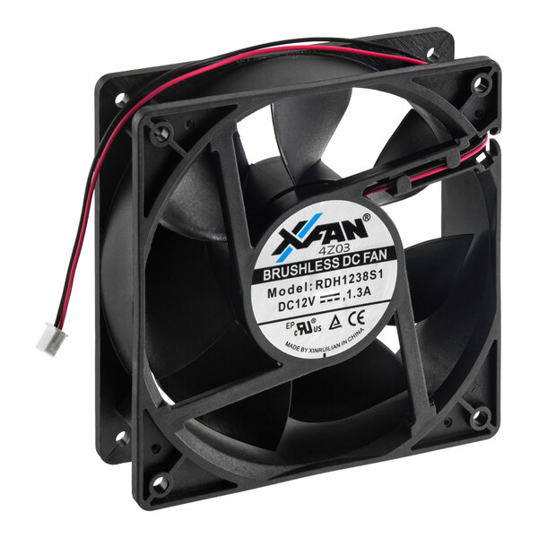 A black brushless DC condenser fan motor with a label, wiring, and mounting holes, designed for use in 1 bowl slushy machines.