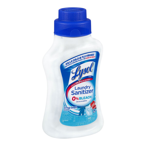 A white and blue bottle of Lysol Laundry Sanitizer with a linen scent.