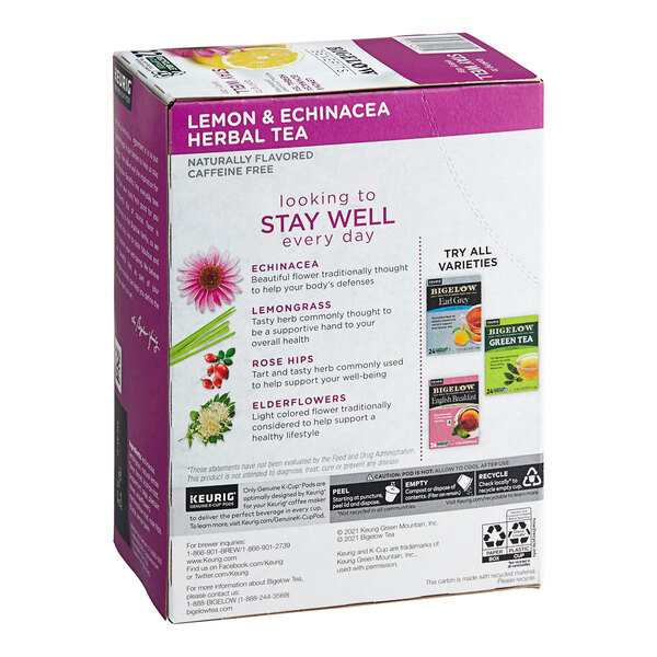 A box of Bigelow Benefits Lemon and Echinacea Herbal Tea K-Cup Pods.