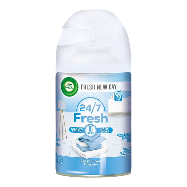 An Air Wick Fresh Linen scented refill canister with a blue label.