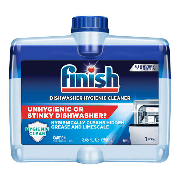 A blue and white container of Finish Dishwasher Hygienic Cleaner.