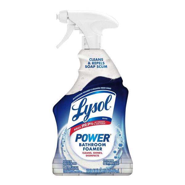 A Lysol Power Bathroom Foamer spray bottle.