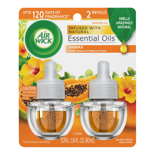 An Air Wick package of 12 Hawaii scented oil refills on a counter.