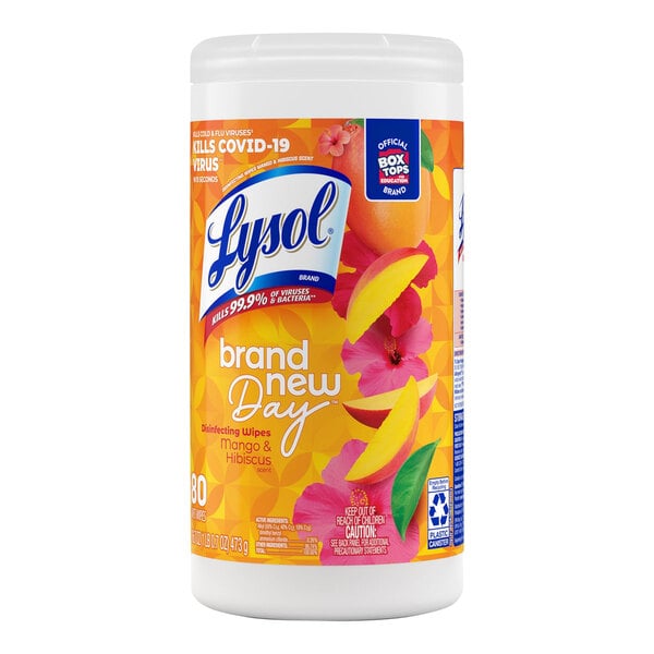 A white plastic container of Lysol Mango and Hibiscus Scent disinfecting wipes with a label.