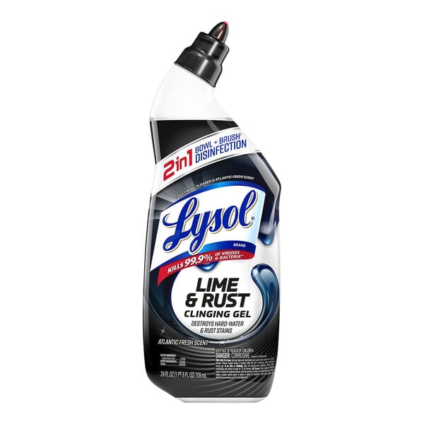 A bottle of Lysol Lime and Rust Clinging Gel Toilet Bowl Cleaner.