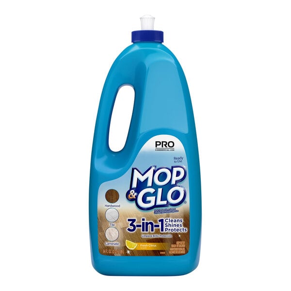 A blue bottle of Mop & Glo multi-surface floor cleaner with a blue label.