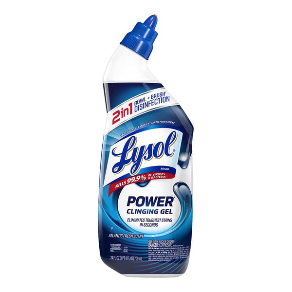 A blue and white Lysol Power Clinging Gel bottle.