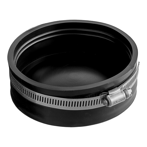 A black round Fernco Qwik Cap with a metal band around it.