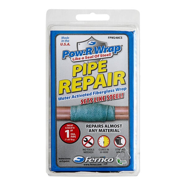 A package of Fernco Pow-R Wrap pipe repair kit with blue and white label and blue wrap.