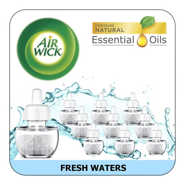 A clear Air Wick bottle with a white cap containing Fresh Waters scented oil.