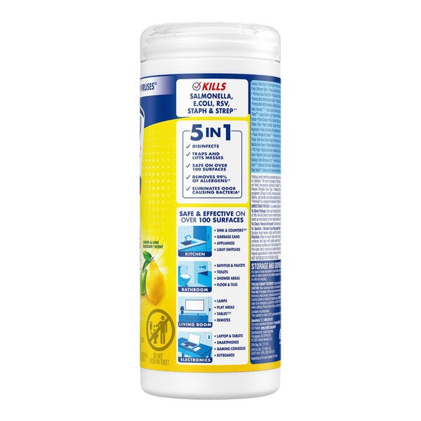 A canister of Lysol disinfecting wipes with a lemon and lime blossom scent, containing 35 wipes.