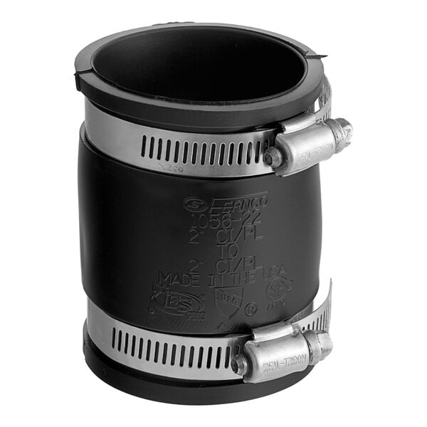 A black and silver Fernco flexible PVC pipe coupling with a metal handle.