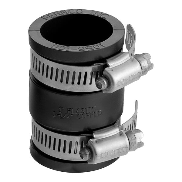 A Fernco black and silver metal hose connector with two metal clamps.
