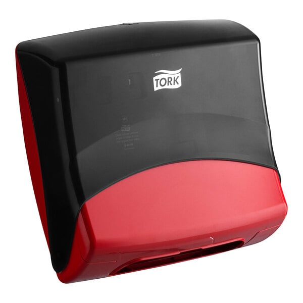 A red and black folded wiper dispenser.
