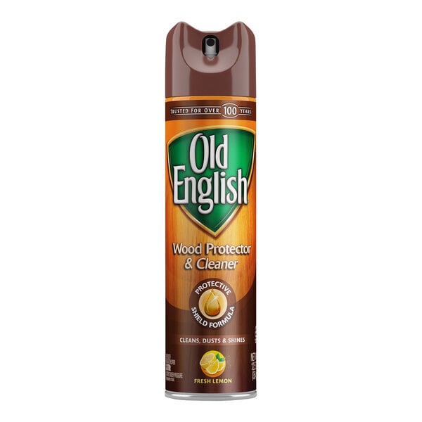 A close up of a can of Old English Fresh Lemon Scent Furniture Polish with a label.